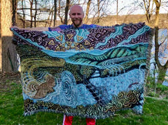 Art Blanket - Adventures on the Appalachian Transformation - Hawk Dragonfly Hudson River Bridge - 68 x 50 Inch - Tapestry Woven Throw